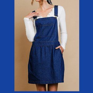 New UMGEE S M L Dark Cotton Blue Denim Short Overall Dress Front & Side Pockets